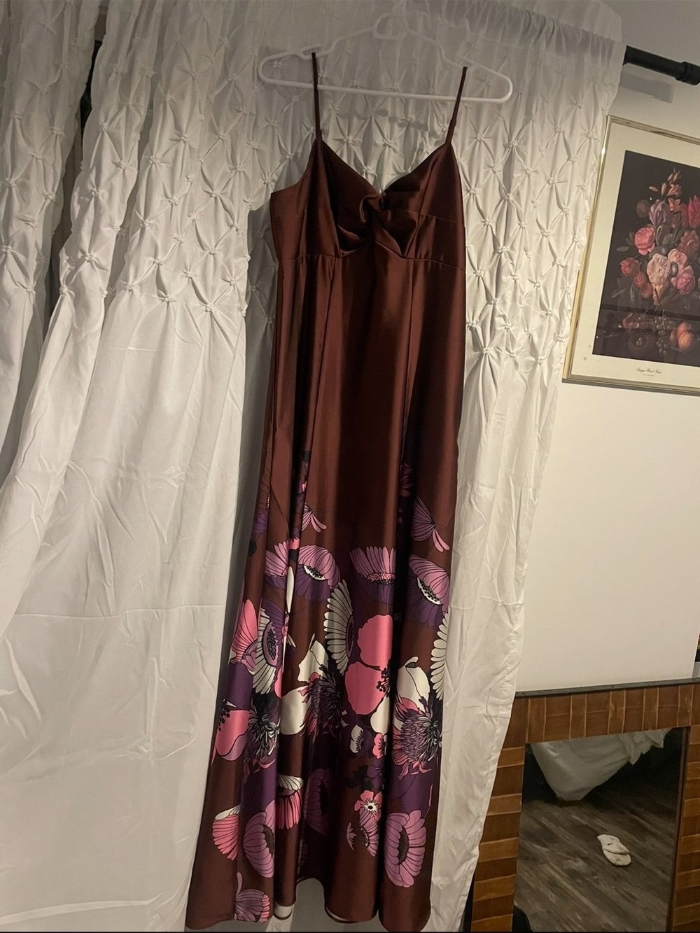Brown Floral Slip Maxi Dress with Pink & Purple Accents